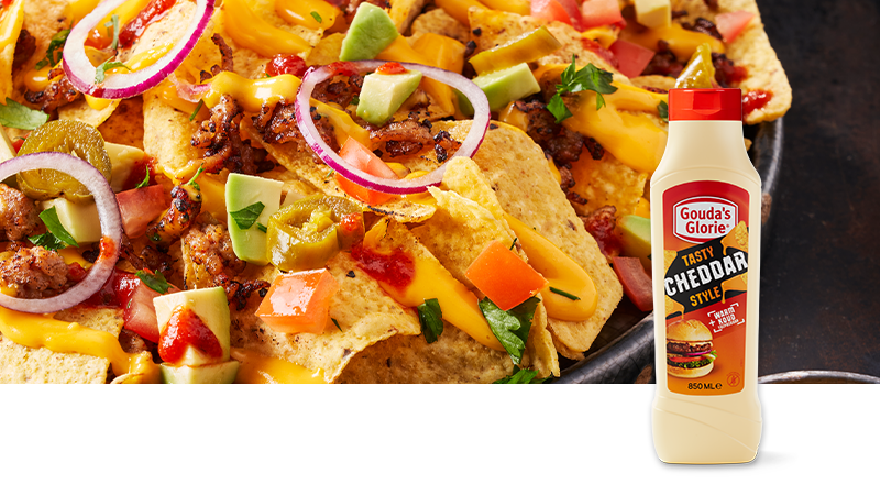 Header Gouda's Glorie Tasty Cheddar Style tube nachos