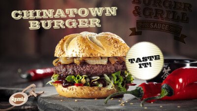 Narrowcasting Remia Chinatown hamburger met Smokey BBQ sauce