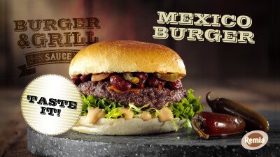 Narrowcasting Remia hamburger Mexico met jalapeno peper en burger Relish